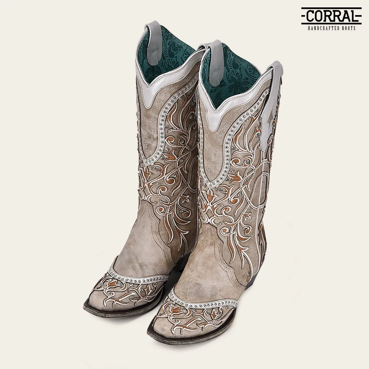 A3837 - Corral white cowgirl western leather floral inlay boots for women