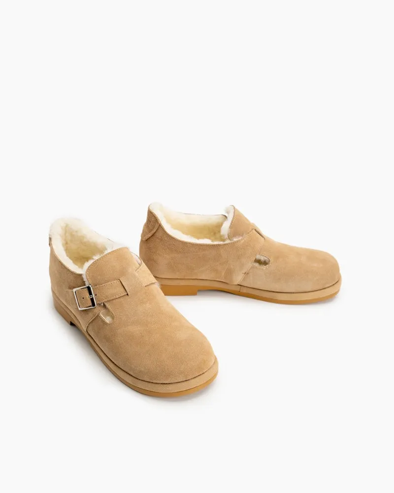 Buckle Decor Leather Fuzzy Flat Loafers