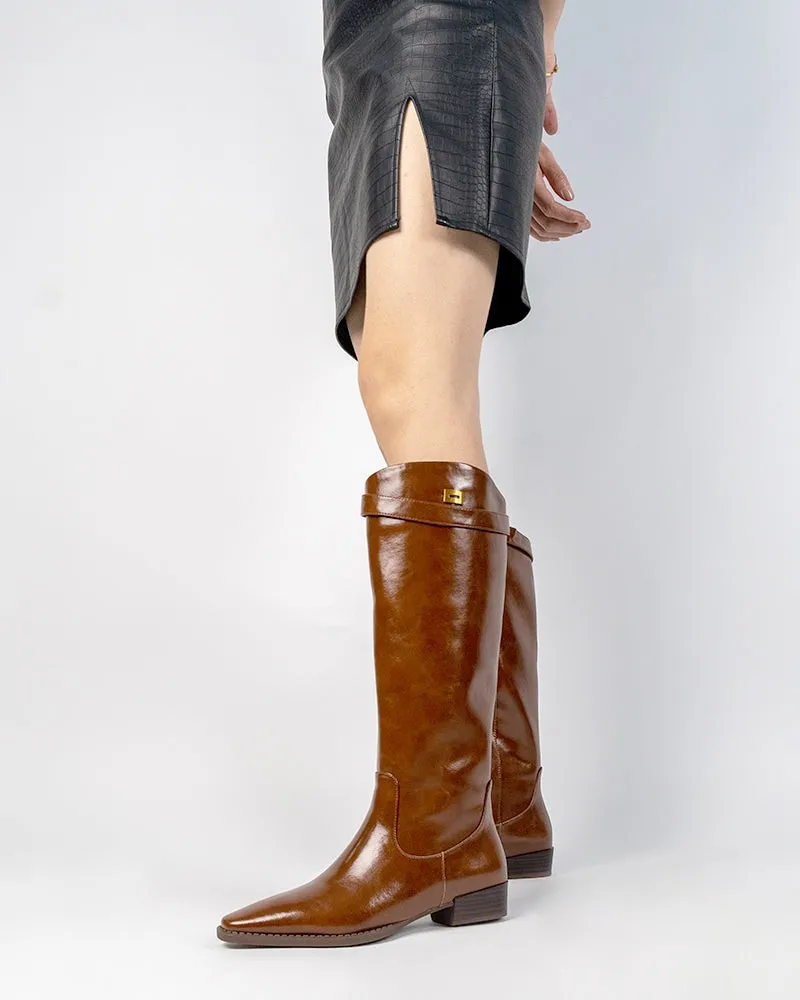 Buckle Detail Knee High Elastic Low Heel Riding Boots