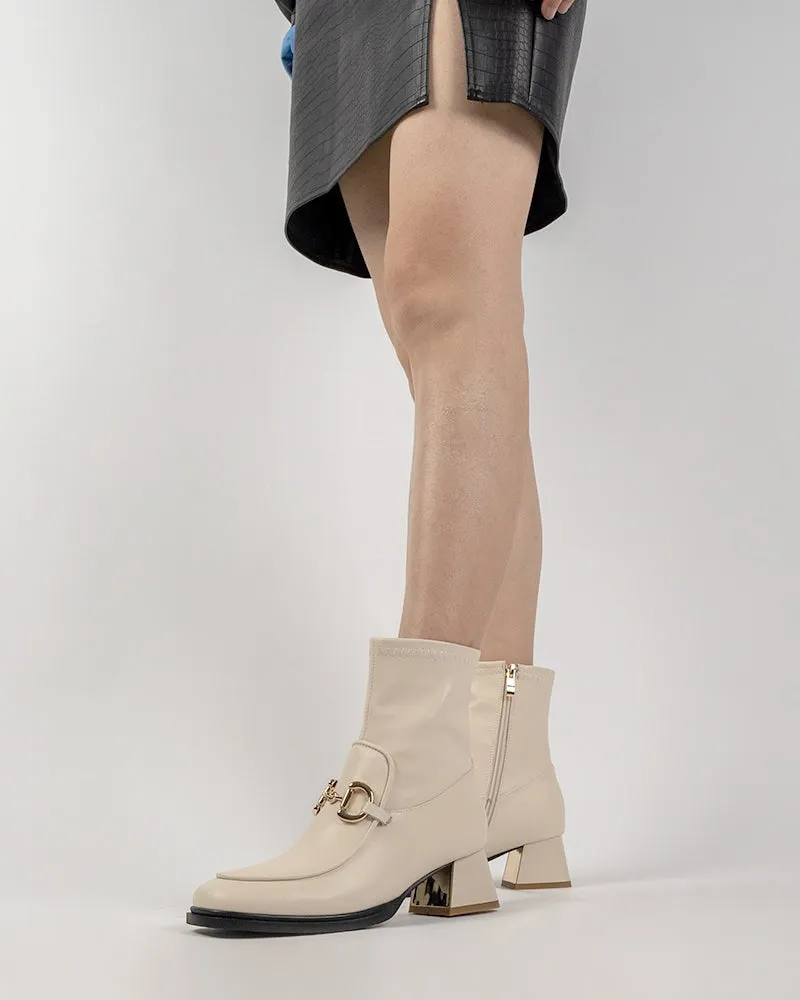 Classic Metal Buckle Leather Side Zipper Chunky Block Heel Mid Calf Boots