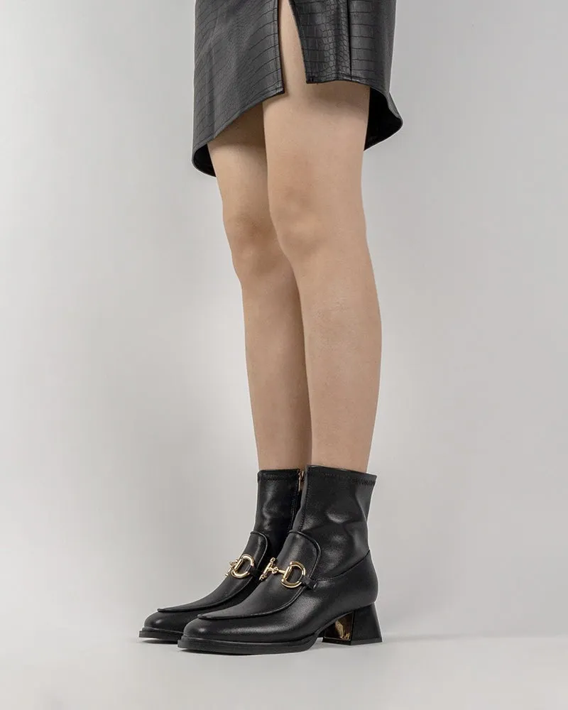 Classic Metal Buckle Leather Side Zipper Chunky Block Heel Mid Calf Boots