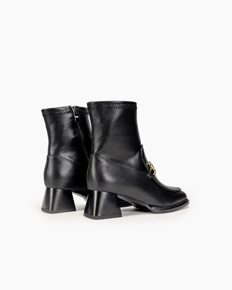 Classic Metal Buckle Leather Side Zipper Chunky Block Heel Mid Calf Boots