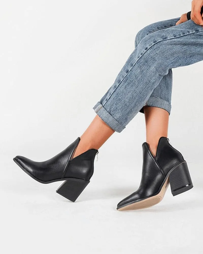 Color-Blocking Pointed Toe Chunky Heel Ankle Boots