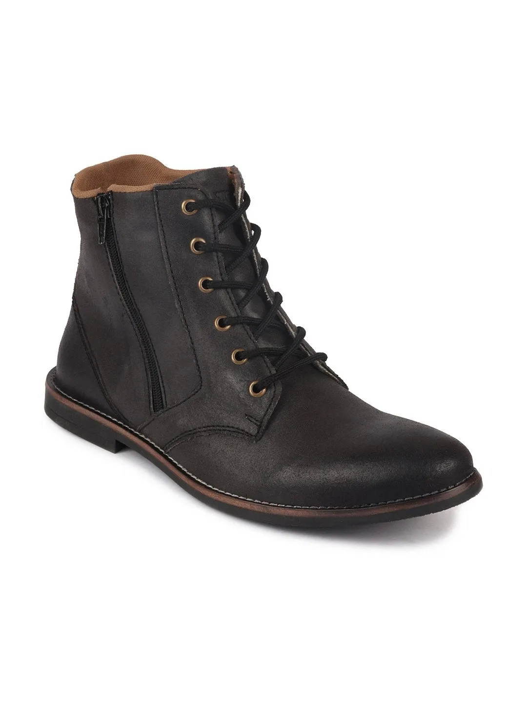 Men Black High Ankle Lace Up Leather Zipper Boots