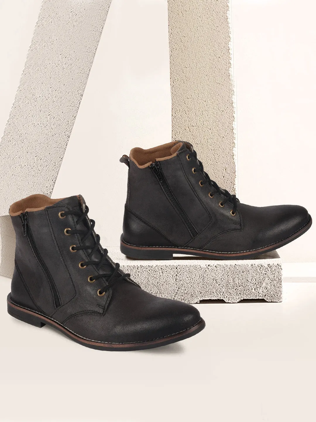 Men Black High Ankle Lace Up Leather Zipper Boots