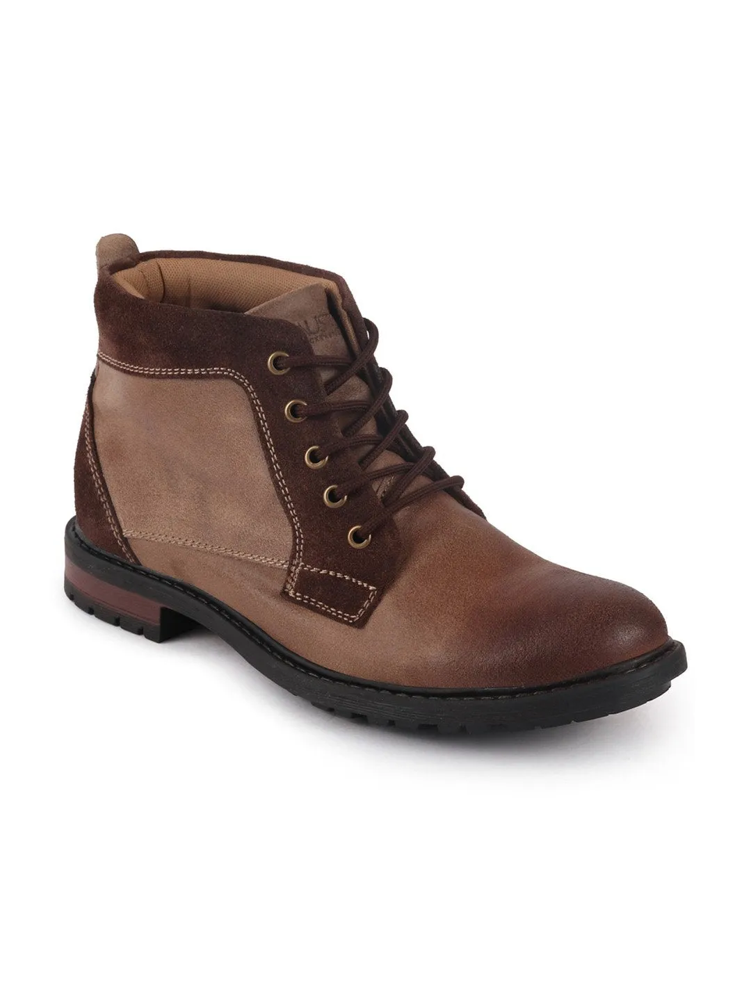 Men Brown High Ankle Lace Up Leather Boots