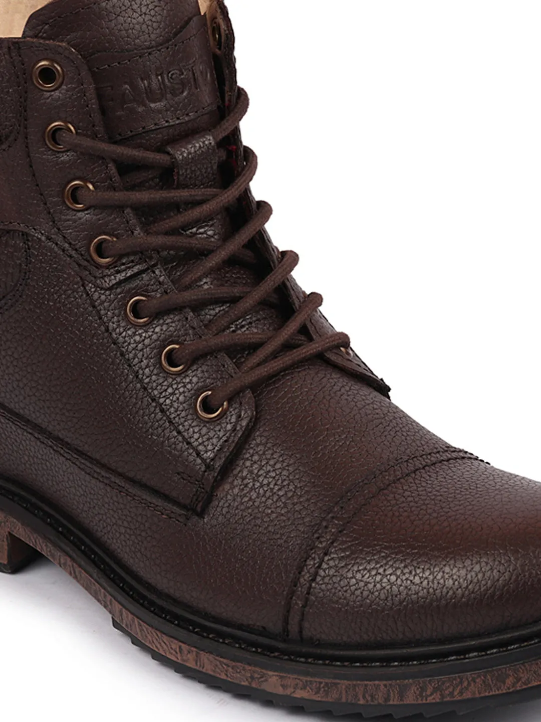 Men Brown High Top Genuine Leather 7-Eye Lace Up Buckle Strap Work Cap Toe Winter Flat Boots