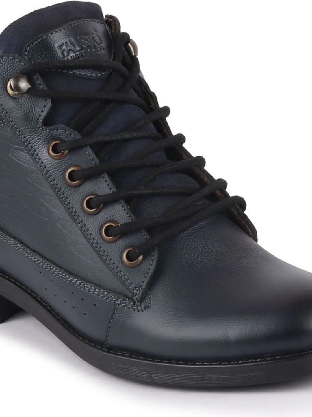 Men Navy Blue Leather Lace Up Mid Top Boots