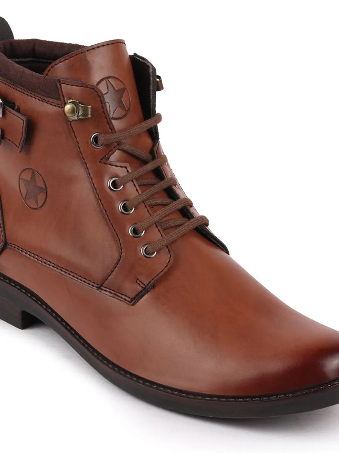 Men Tan High Ankle Buckle Boots