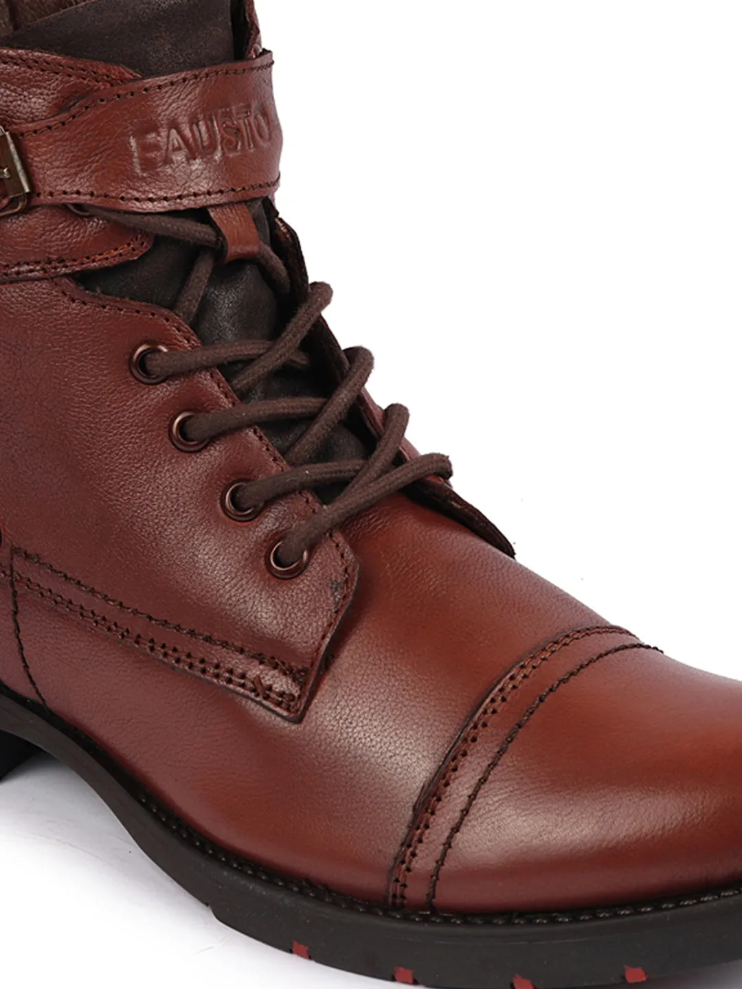 Men Tan High Ankle Genuine Leather 6-Eye Lace Up Zipper Winter Cap Toe Flat Biker Classic Boots