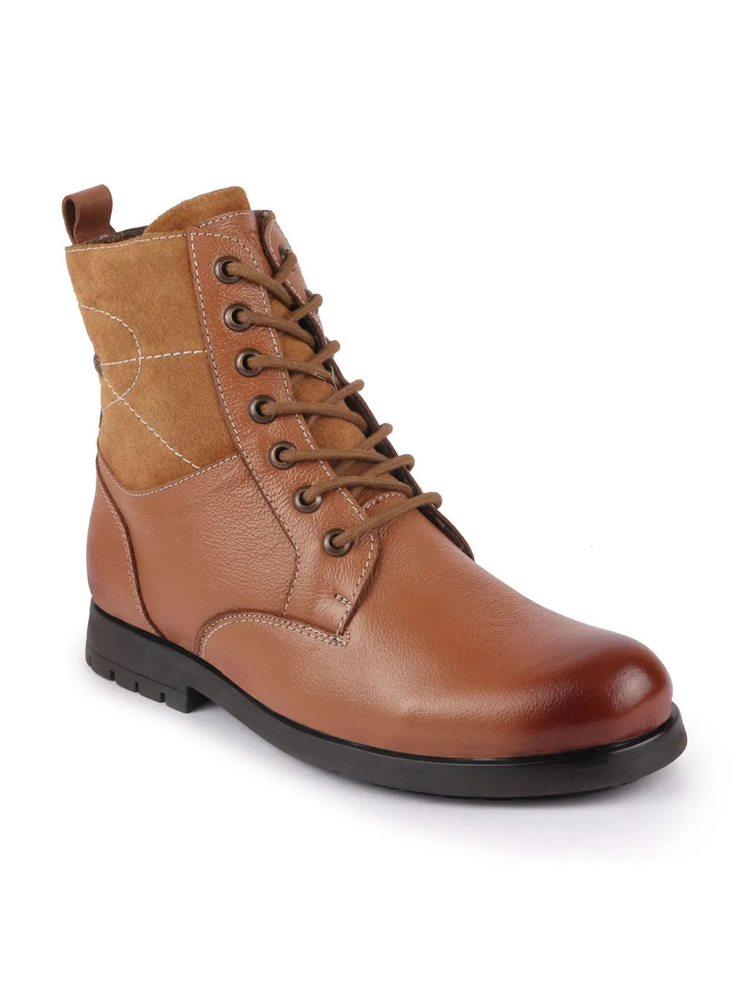 Men Tan Leather Lace Up High Top Boots