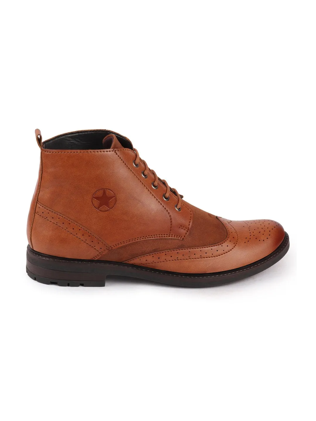 Men Tan Wingtip Lace Up Boots