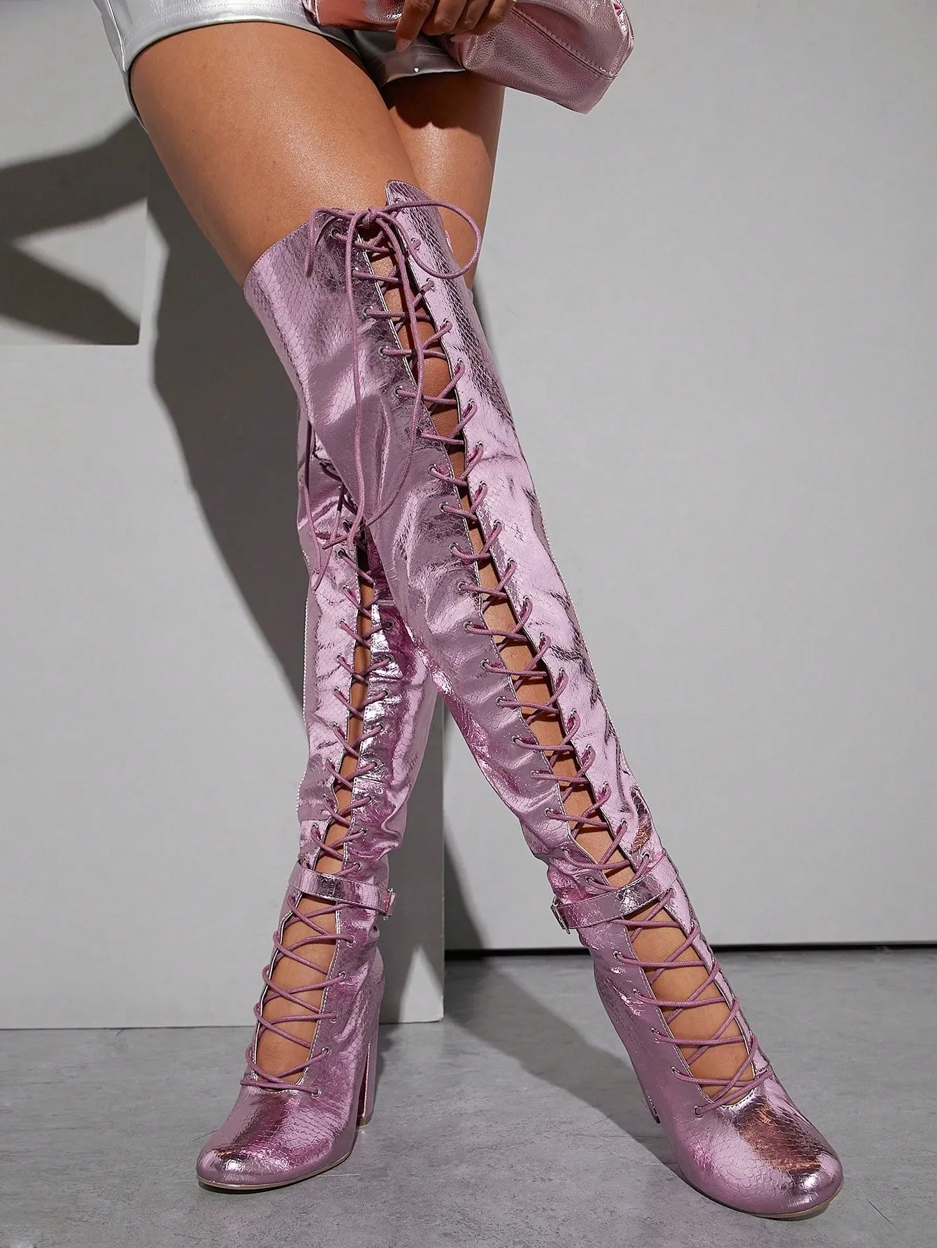 Metallic PU Leather Lace Up Thigh High Boots