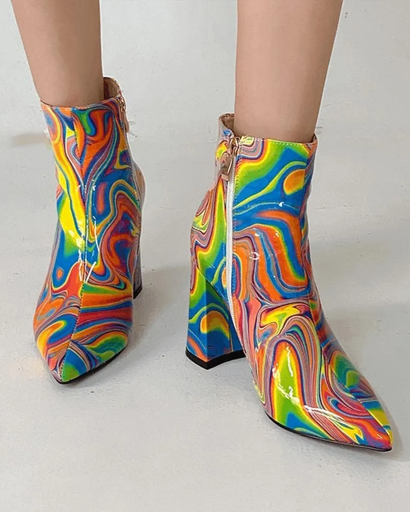 Multicolor Zipper Pointed Toe Boots