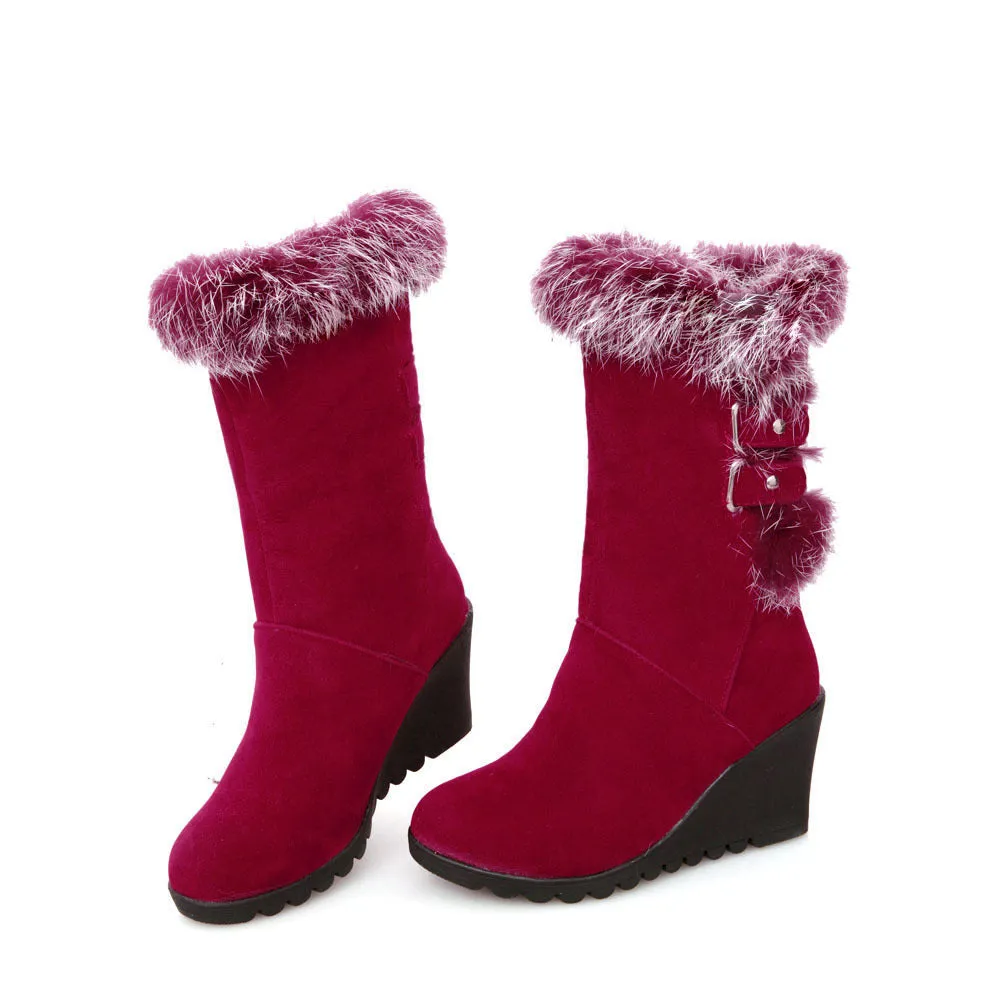 Rabbit Fur Wedge Heeled Mid Calf Boots 4105