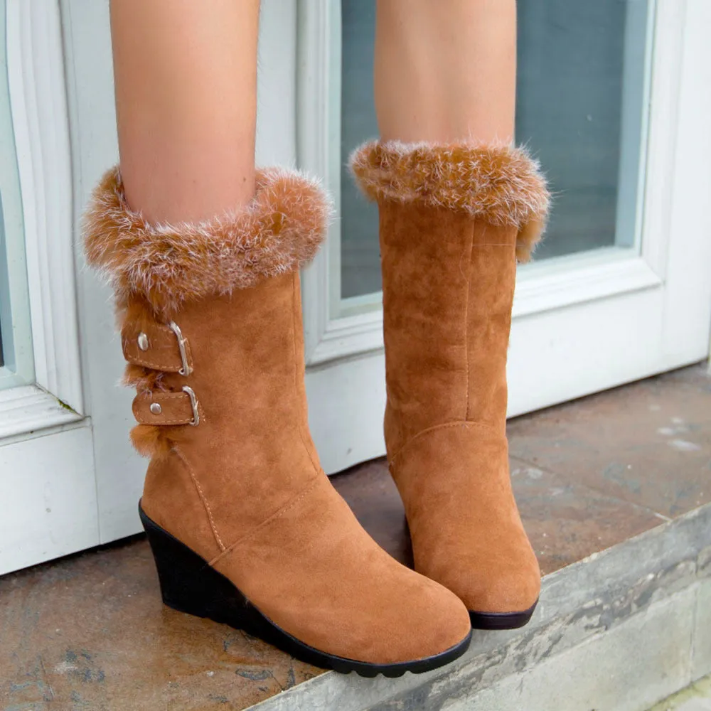 Rabbit Fur Wedge Heeled Mid Calf Boots 4105