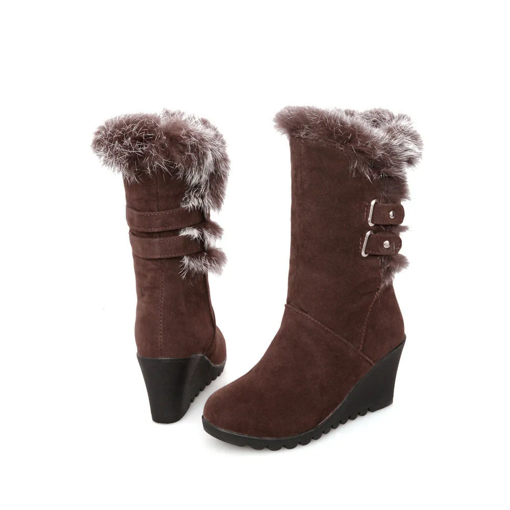 Rabbit Fur Wedge Heeled Mid Calf Boots 4105