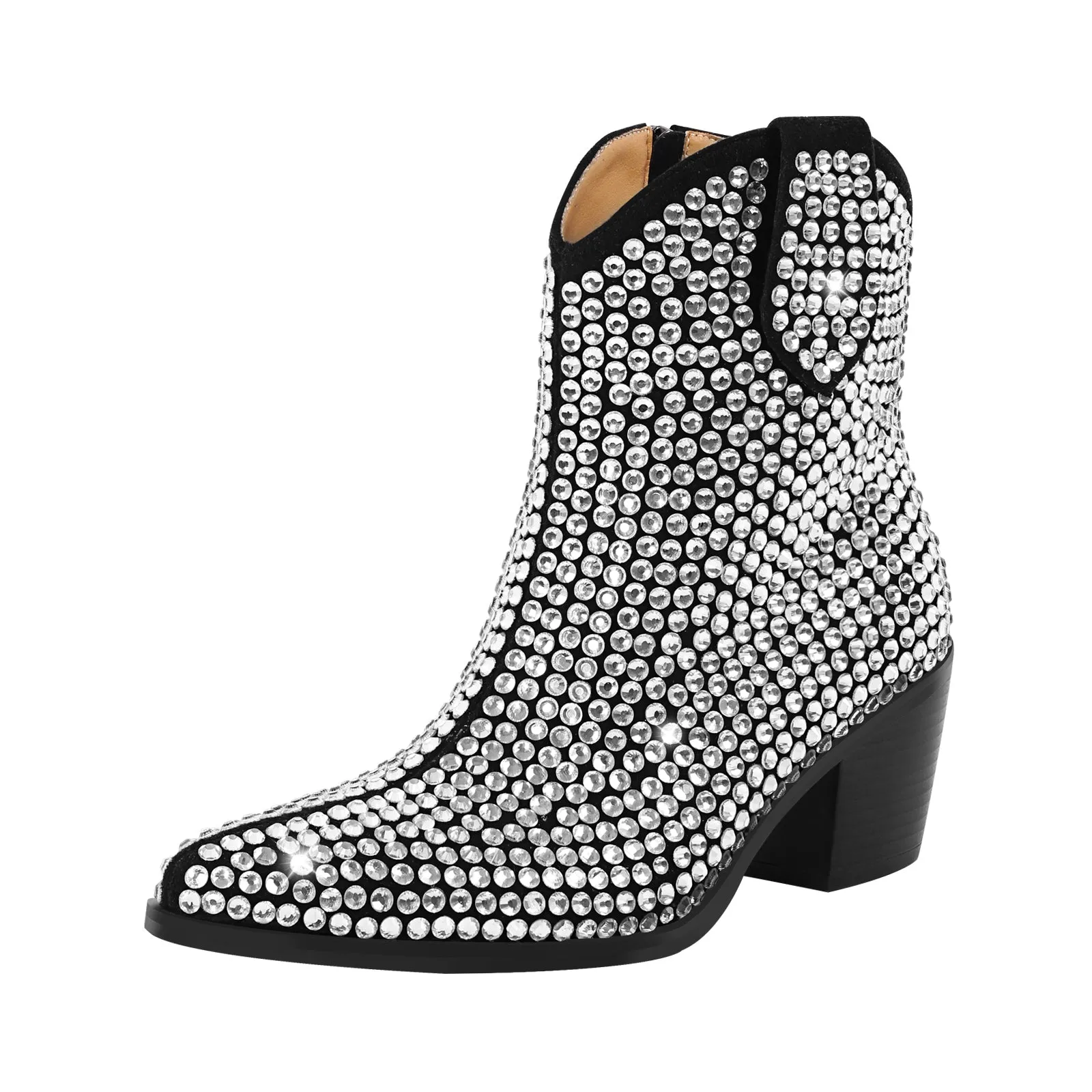 Rhinestone Pointed Toe Chunky Heel Ankle Boots