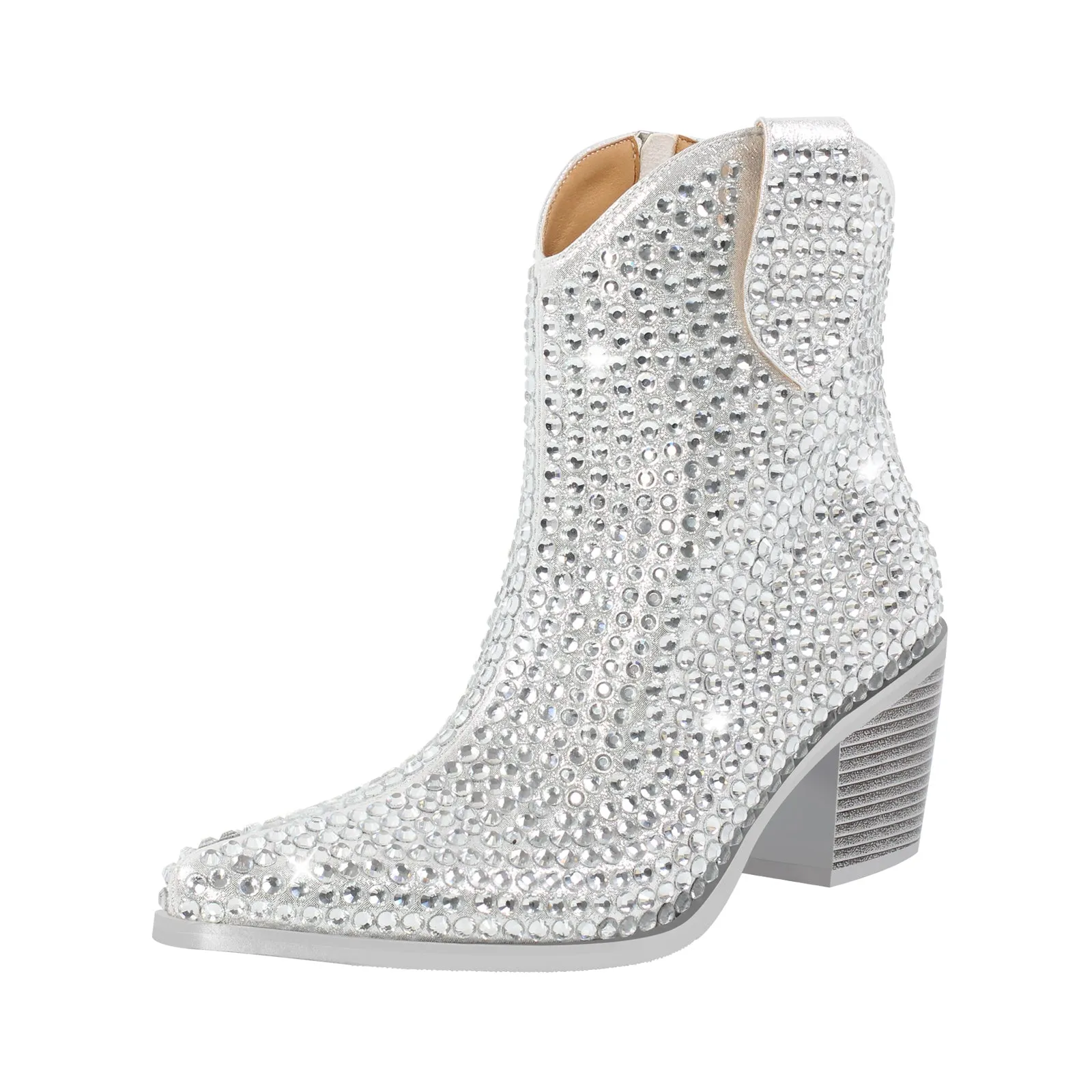 Rhinestone Pointed Toe Chunky Heel Ankle Boots