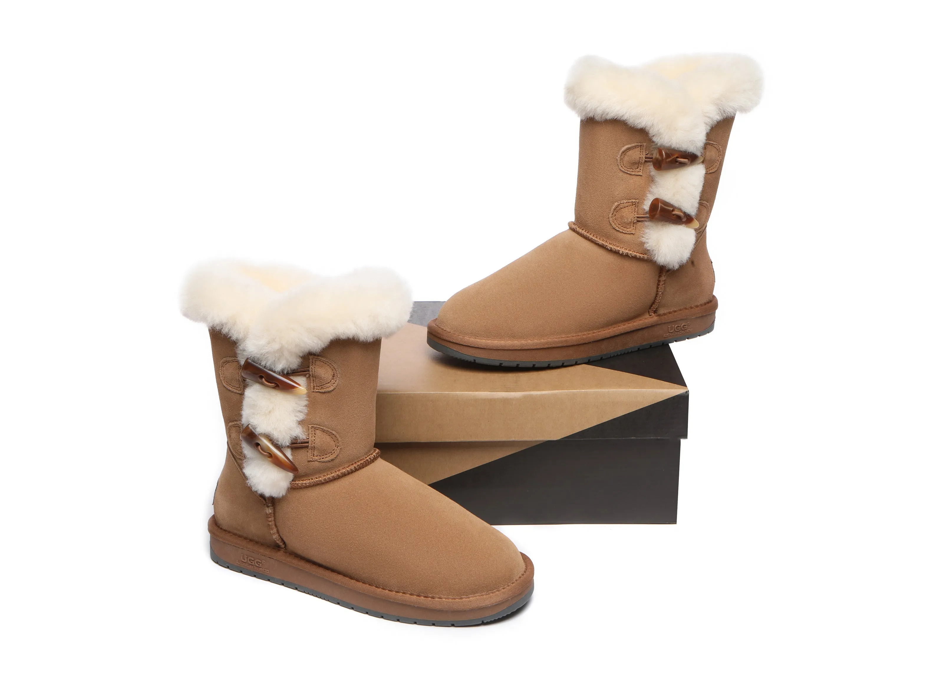 UGG Australian Shepherd Women Short Boots Talia Twin Face Sheepskin Double Horn Toggle Closure