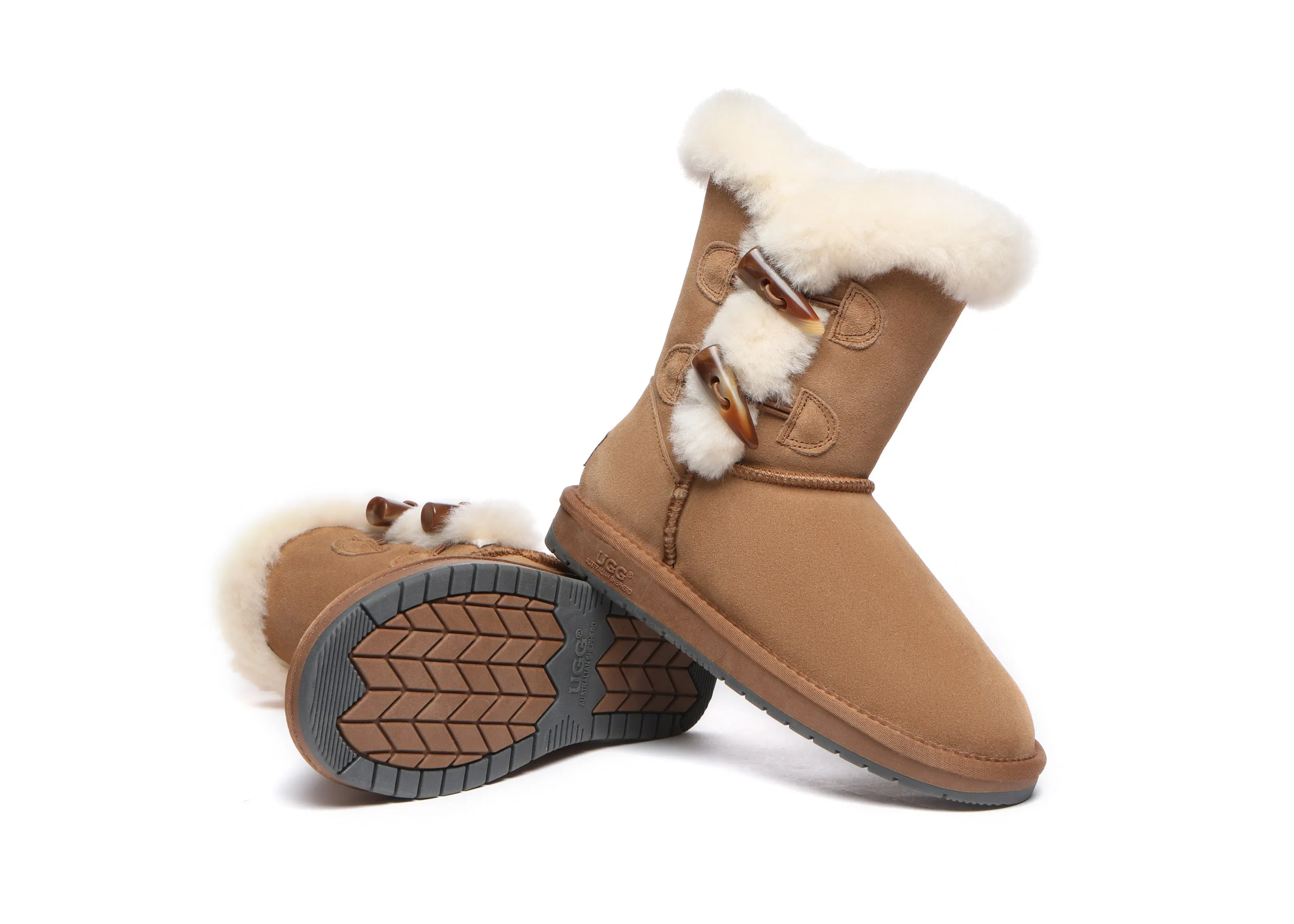 UGG Australian Shepherd Women Short Boots Talia Twin Face Sheepskin Double Horn Toggle Closure