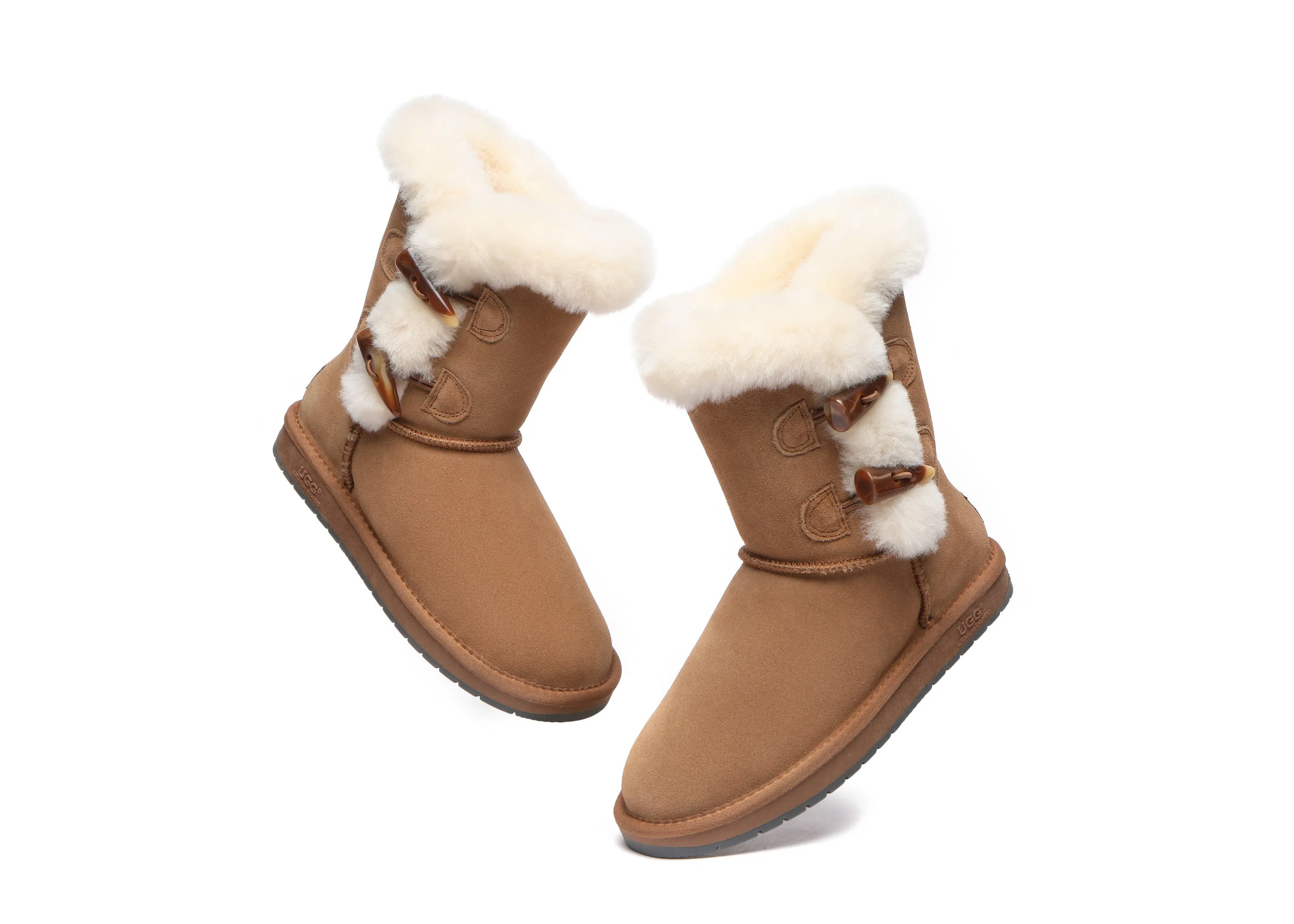 UGG Australian Shepherd Women Short Boots Talia Twin Face Sheepskin Double Horn Toggle Closure