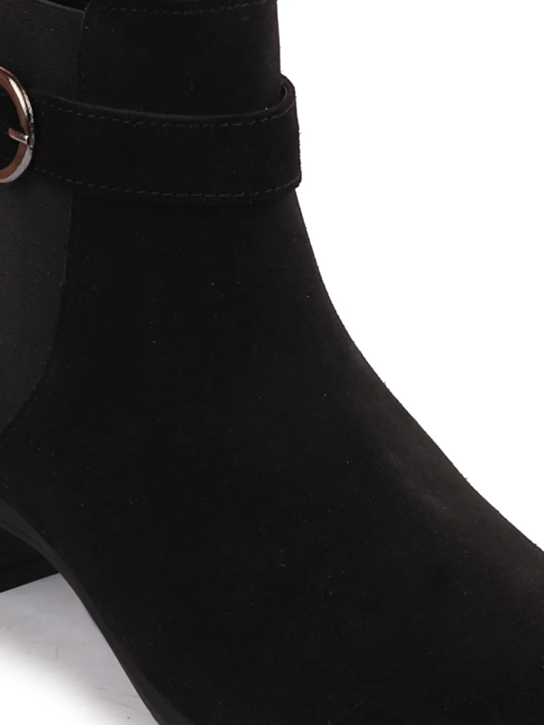 Women Black Flared Heel High Ankle Suede Leather Classic Winter Buckle Strap Chelsea Boots