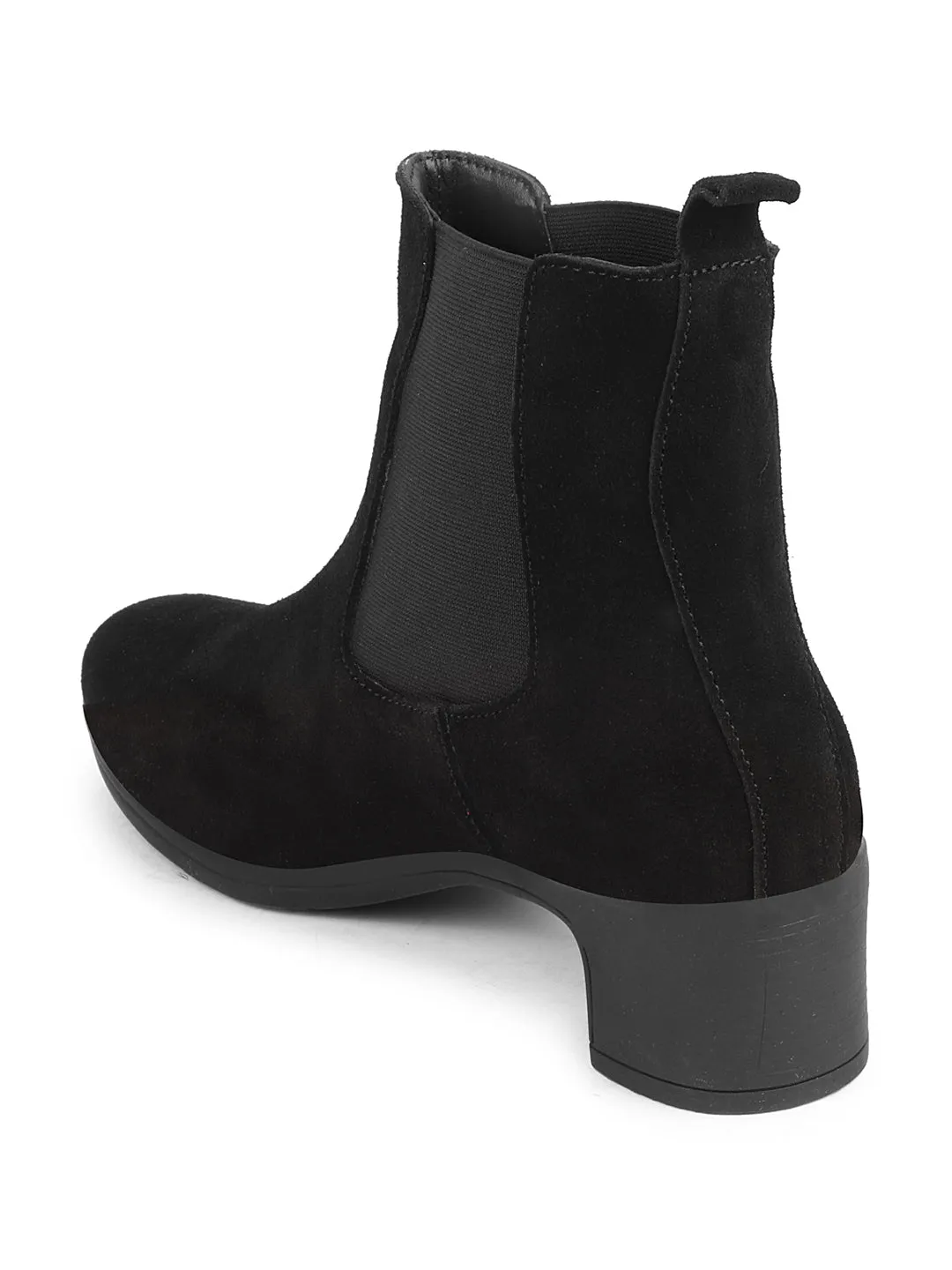 Women Black Flared Heel High Ankle Suede Leather Classic Winter Chelsea Boots