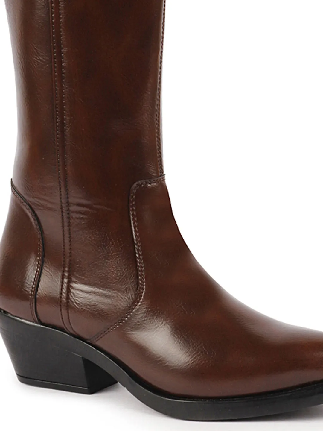 Women Brown Knee Length Side Zipper Closure Pointed Toe Flared Heel Boots