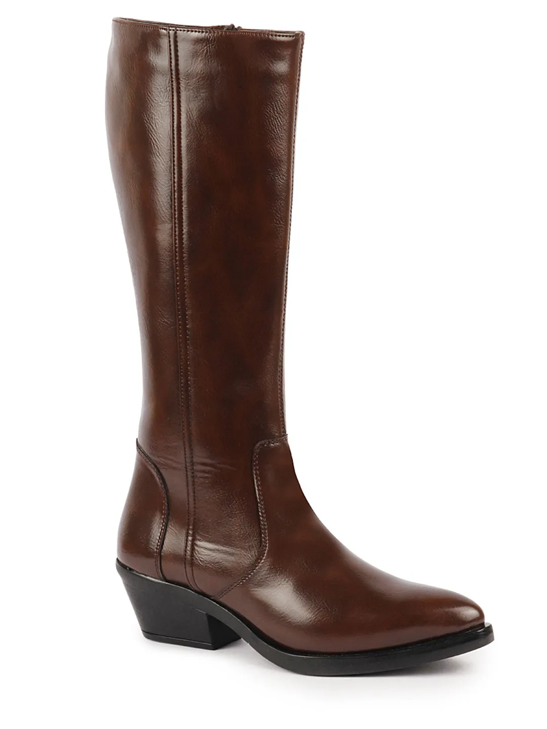 Women Brown Knee Length Side Zipper Closure Pointed Toe Flared Heel Boots