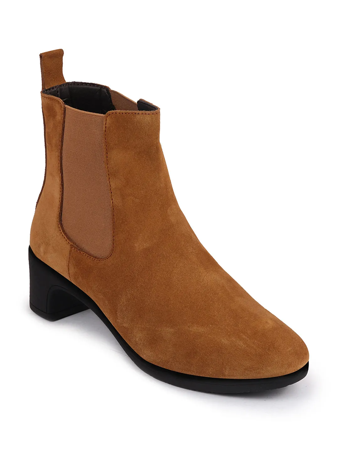 Women Camel Flared Heel High Ankle Suede Leather Classic Winter Chelsea Boots