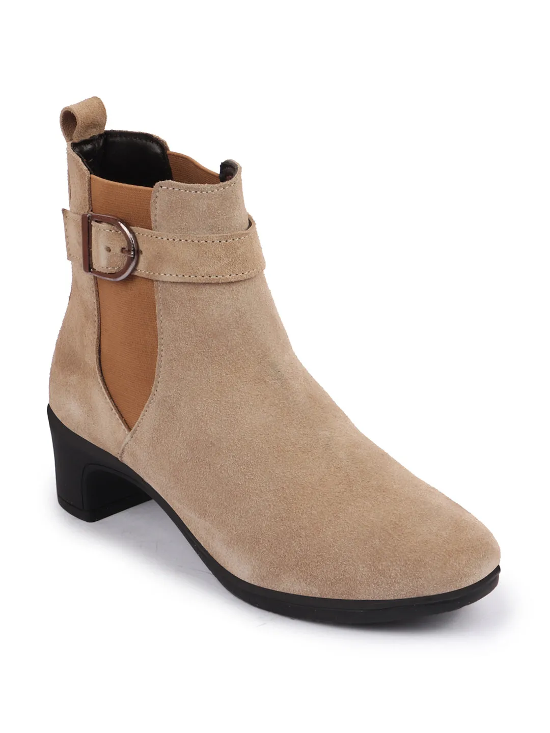 Women Cheeku Flared Heel High Ankle Suede Leather Classic Winter Buckle Strap Chelsea Boots