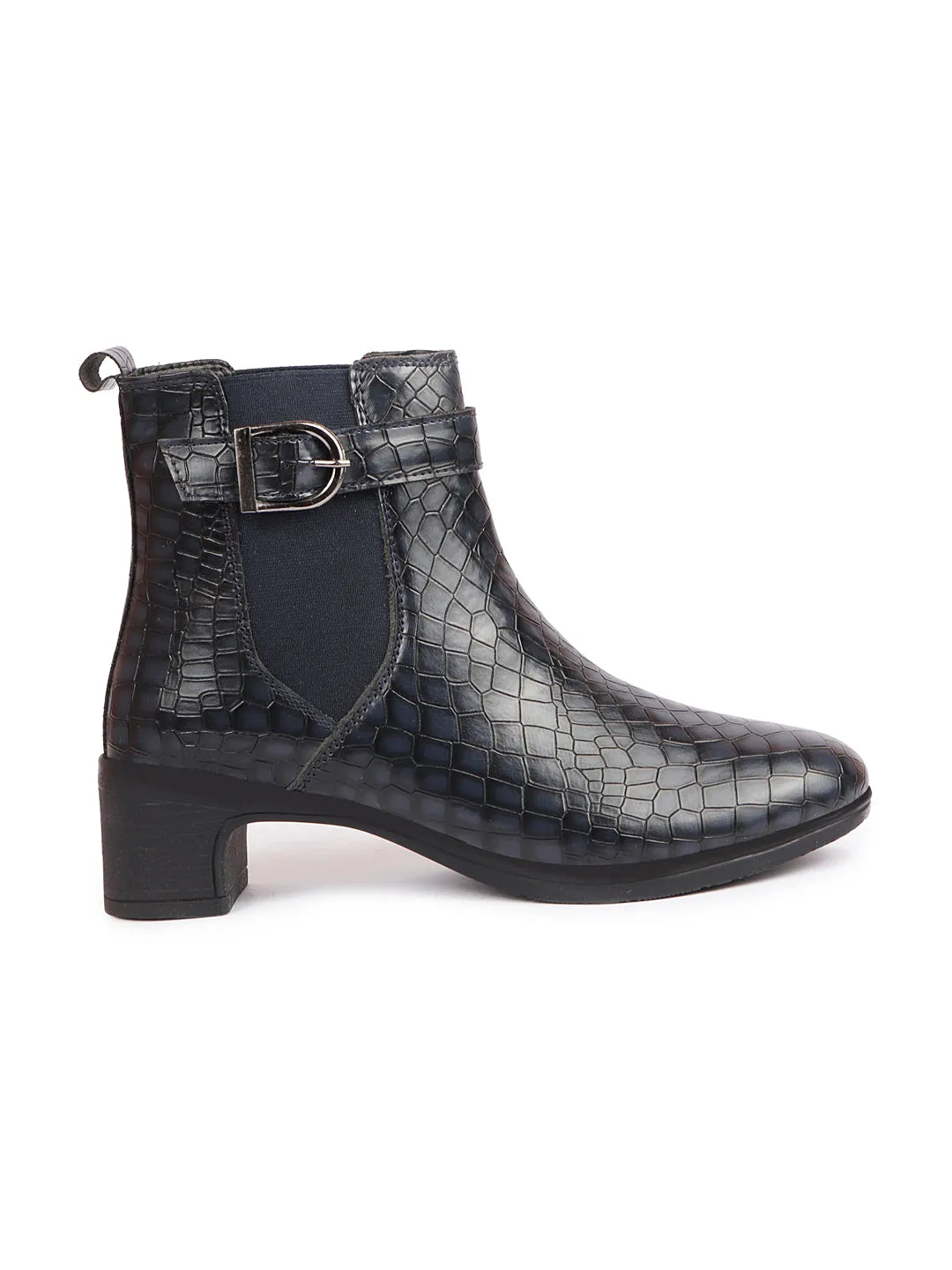 Women Navy Blue Flared Heel High Ankle Leopard Print Embossed Design Winter Buckle Strap Chelsea Boots