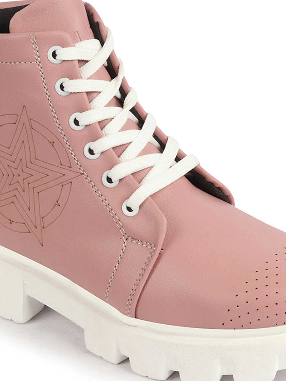 Women Peach Outdoor Winter High Top Chunky Lace Up Casual Boots