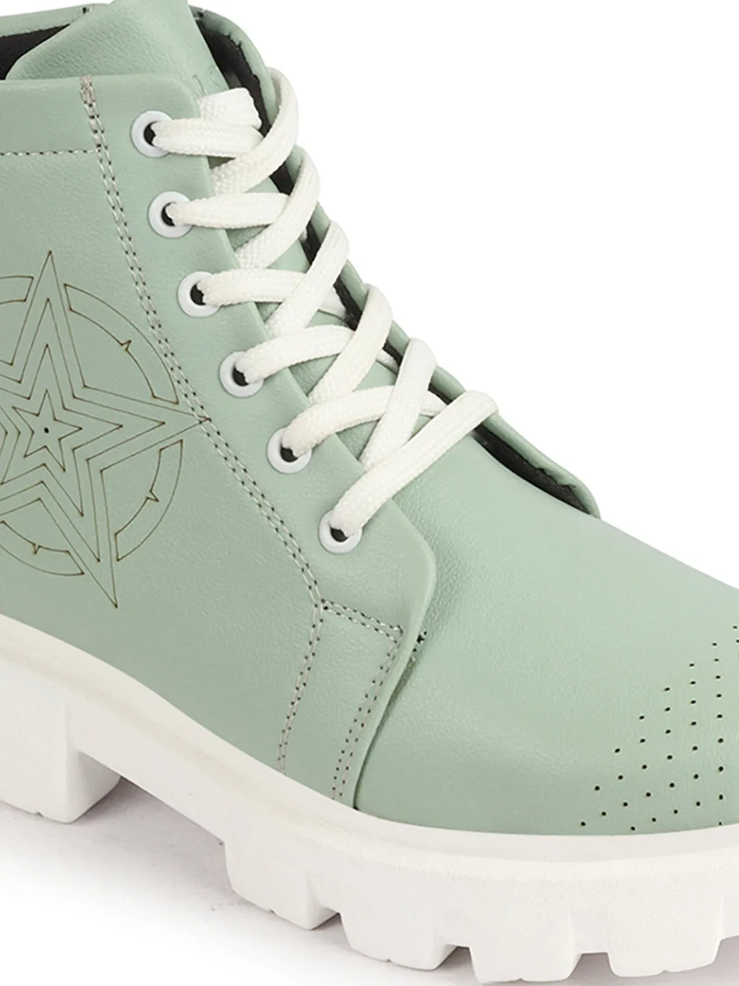 Women Pista Green Outdoor Winter High Top Chunky Lace Up Casual Boots