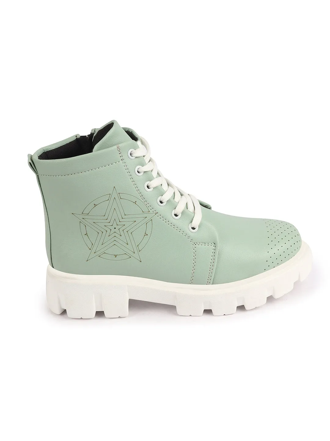 Women Pista Green Outdoor Winter High Top Chunky Lace Up Casual Boots