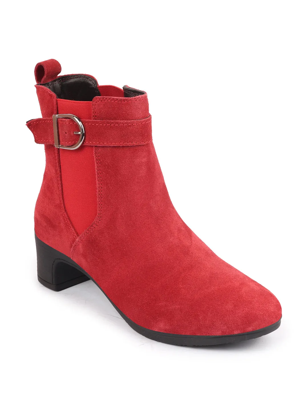 Women Red Flared Heel High Ankle Suede Leather Classic Winter Buckle Strap Chelsea Boots