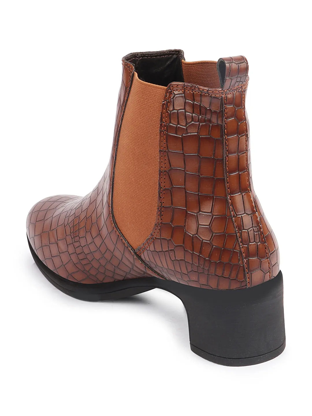 Women Tan Flared Heel High Ankle Leopard Print Embossed Design Chelsea Boots