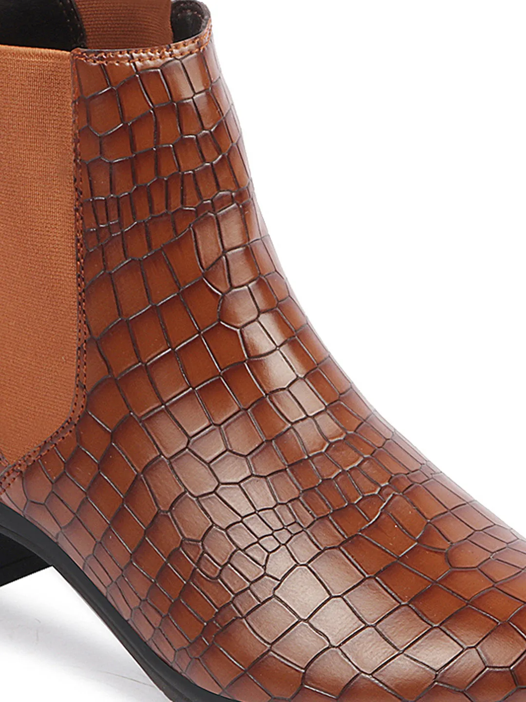 Women Tan Flared Heel High Ankle Leopard Print Embossed Design Chelsea Boots