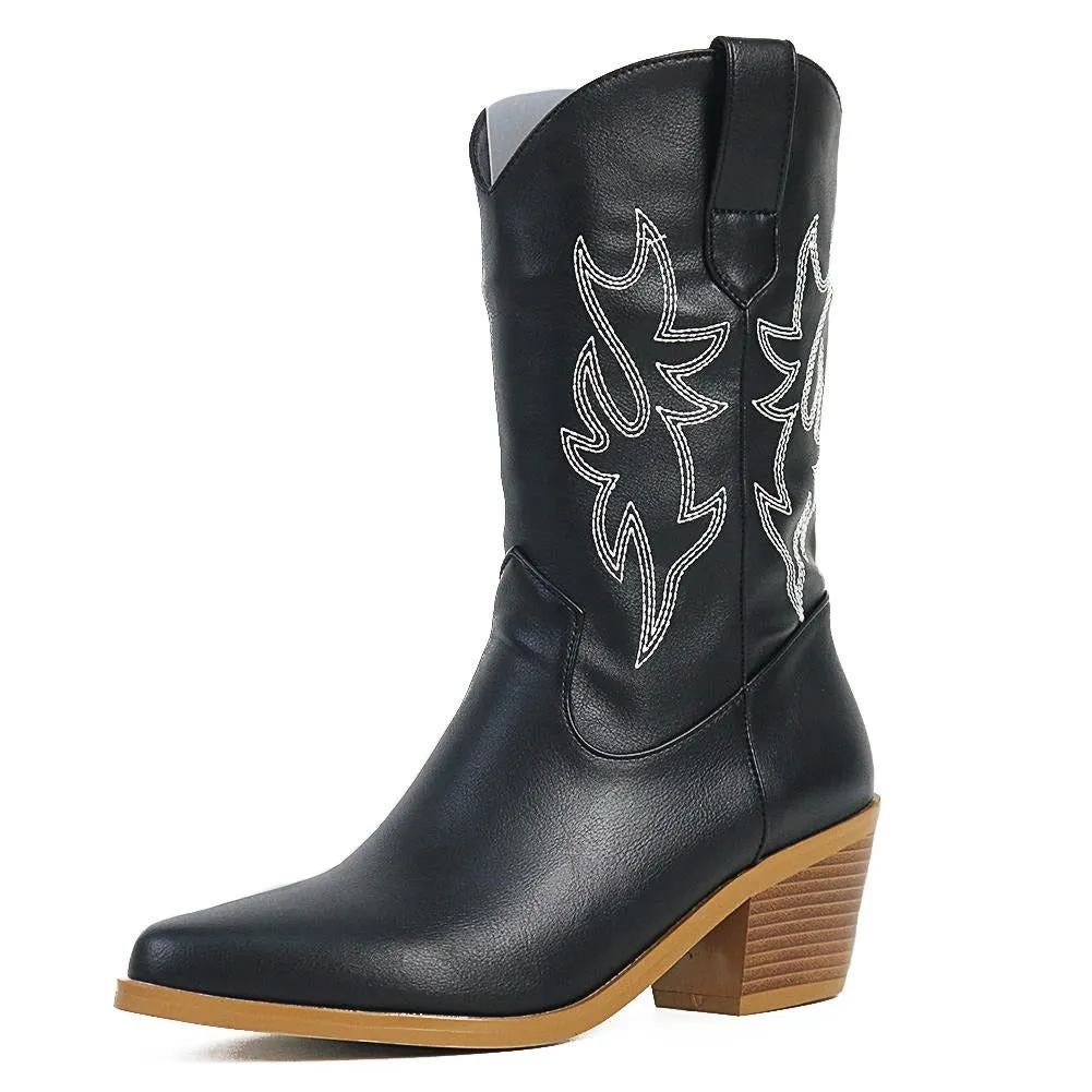 Women Western Boots Cowgirl  Mid-calf Boots Fashion Sewing Women Shoes Boots