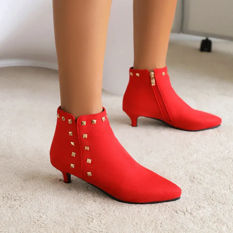 Women's Booties Flock Pointed Toe Rivets Side Zippers Kitten Heel Ankle Boots