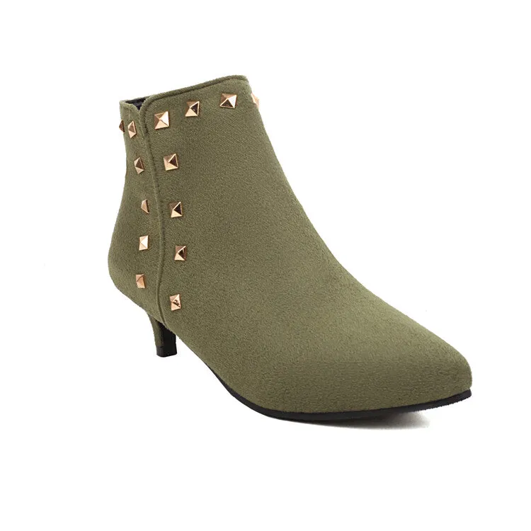 Women's Booties Flock Pointed Toe Rivets Side Zippers Kitten Heel Ankle Boots