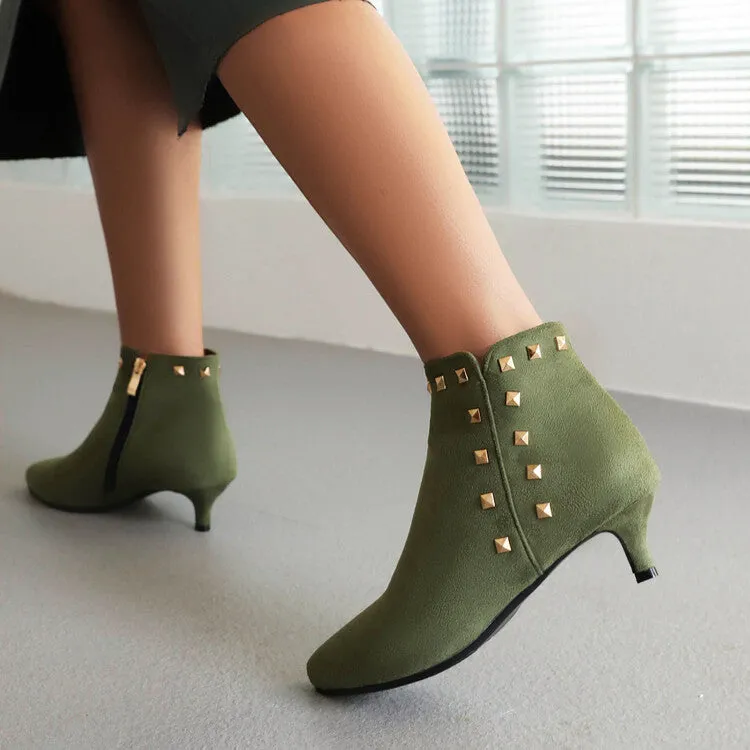 Women's Booties Flock Pointed Toe Rivets Side Zippers Kitten Heel Ankle Boots