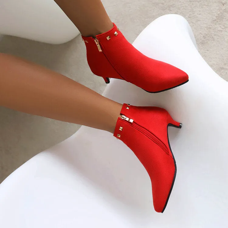 Women's Booties Flock Pointed Toe Rivets Side Zippers Kitten Heel Ankle Boots