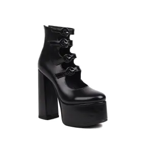 Women's Booties Glossy Round Toe Cutout Buckle Straps Block Chunky Heel Platform Back Zippers Short Boots