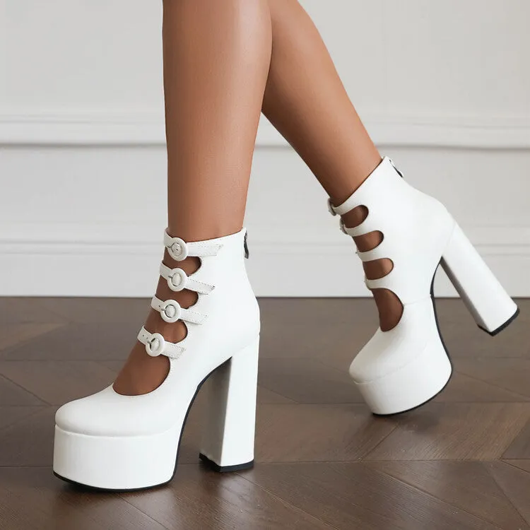 Women's Booties Glossy Round Toe Cutout Buckle Straps Block Chunky Heel Platform Back Zippers Short Boots