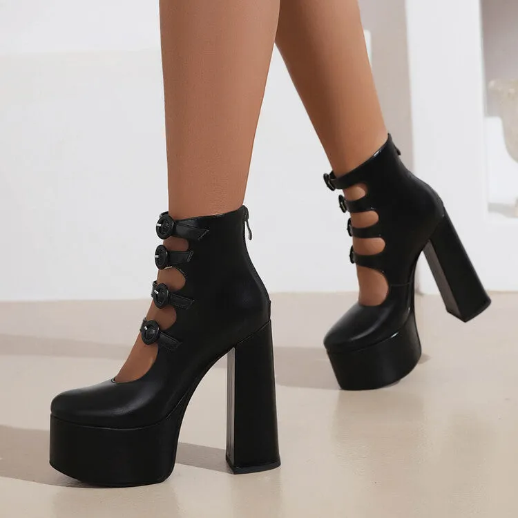 Women's Booties Glossy Round Toe Cutout Buckle Straps Block Chunky Heel Platform Back Zippers Short Boots