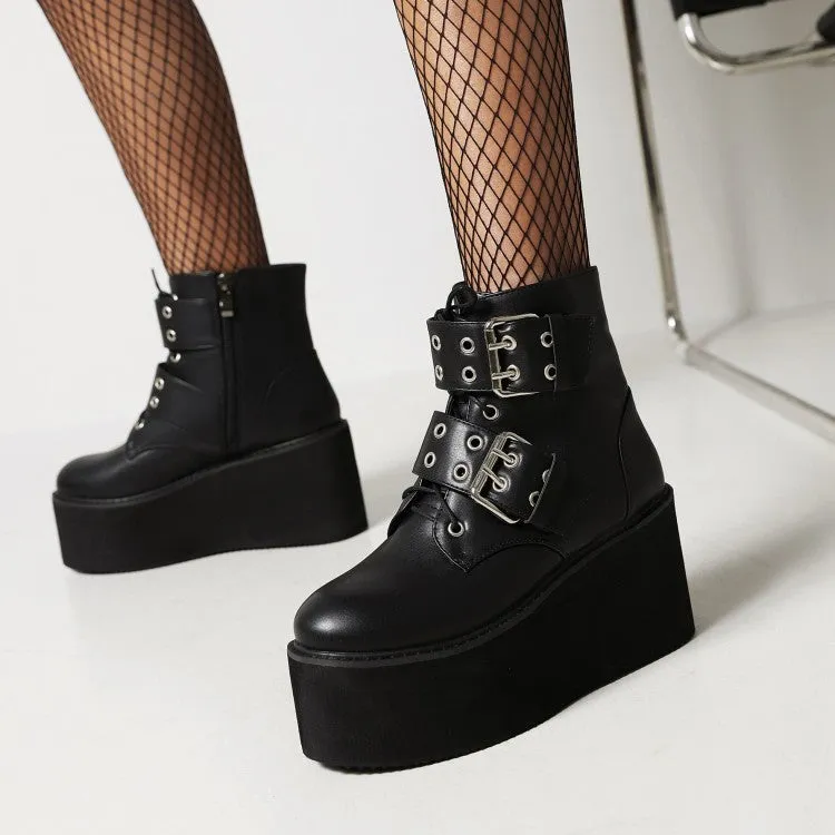 Women's Booties Glossy Round Toe Double Buckle Straps Wedge Heel Platform Short Boots