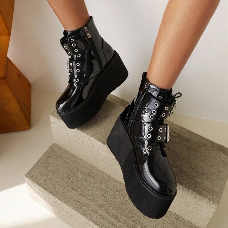 Women's Booties Glossy Round Toe Double Buckle Straps Wedge Heel Platform Short Boots