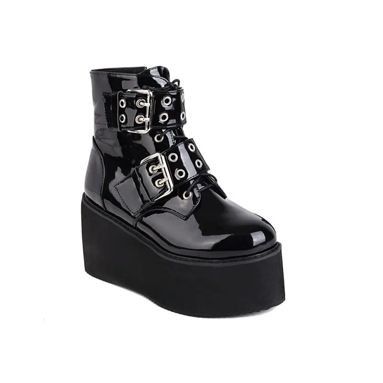 Women's Booties Glossy Round Toe Double Buckle Straps Wedge Heel Platform Short Boots